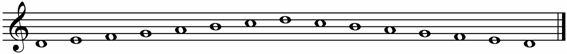 Treble clef with whole notes D, E, F, G, A, B, C, D, C, B, A, G, F, E, D.