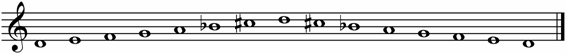 Treble clef with whole notes D, E, F, G, A, B flat, C sharp, D, C sharp, B flat, A, G, F, E, D.