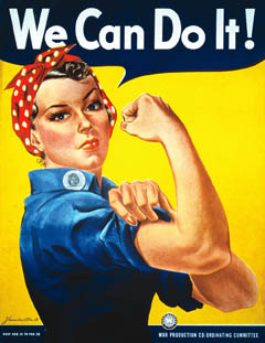 There is a poster depicting the top half of a woman who is wearing a bandana tied on top of her head and a work shirt with the sleeves rolled up to about halfway between the elbow and shoulder.