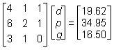 3 by 3 matrix row one 4 1 1 row two 6 2 1 row three 3 1 0, multiplied 3 by 1 matrix row one d row two p row three g equals 3 by 1 matrix row one 19 point 62 row two 34 point 95 row three 16 point 50