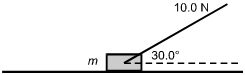 Line drawing of a 30 degree angle originating in mass m. 
                                                        A diagonal line labeled 10.0 N represents the rope and forms the top part of the angle. 
                                                        A dotted horizontal line is shown as the base of the angle.