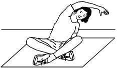 Line drawing of student sitting cross-legged on a mat, facing the viewer, and stretching as described in the question text below.