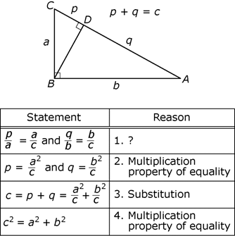 The figure shows a right triangle, A B C, and a proof table of statements and reasons.