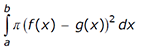 the integral from A to b of π times open paren f of x minus g of x, close paren, squared, dx.