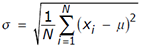 sigma = the square root of 1 over n times the sum from i equals 1 to n times (x sub i - mu)