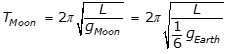 T subscript Moon equals 2 pi square root L over g subscript Moon equals 2 pi square root L over 1 sixth g subscript Earth