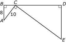 The figure shows a construction of two right triangles, A B C and C D E, that share a common point, C. 
